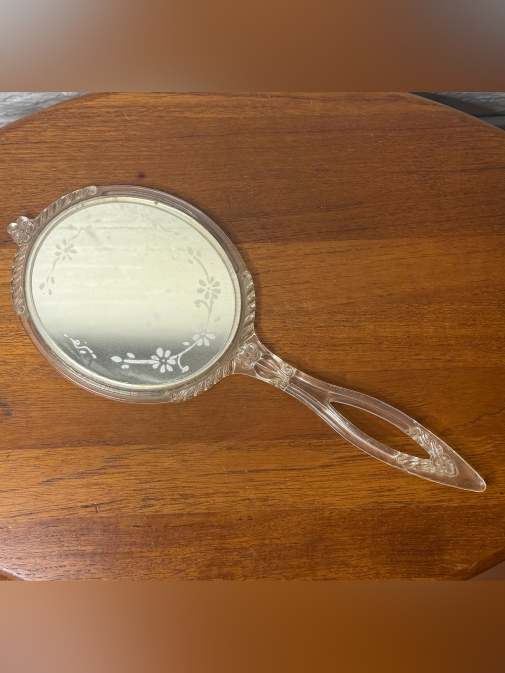 Vintage Lucite Floral Double-Sided Handheld Mirror Etched